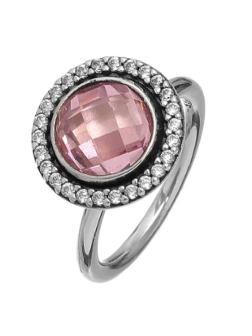 Pandora Sterling Silver Brilliant Legacy Ring With Pink Zirconia Gemstone.